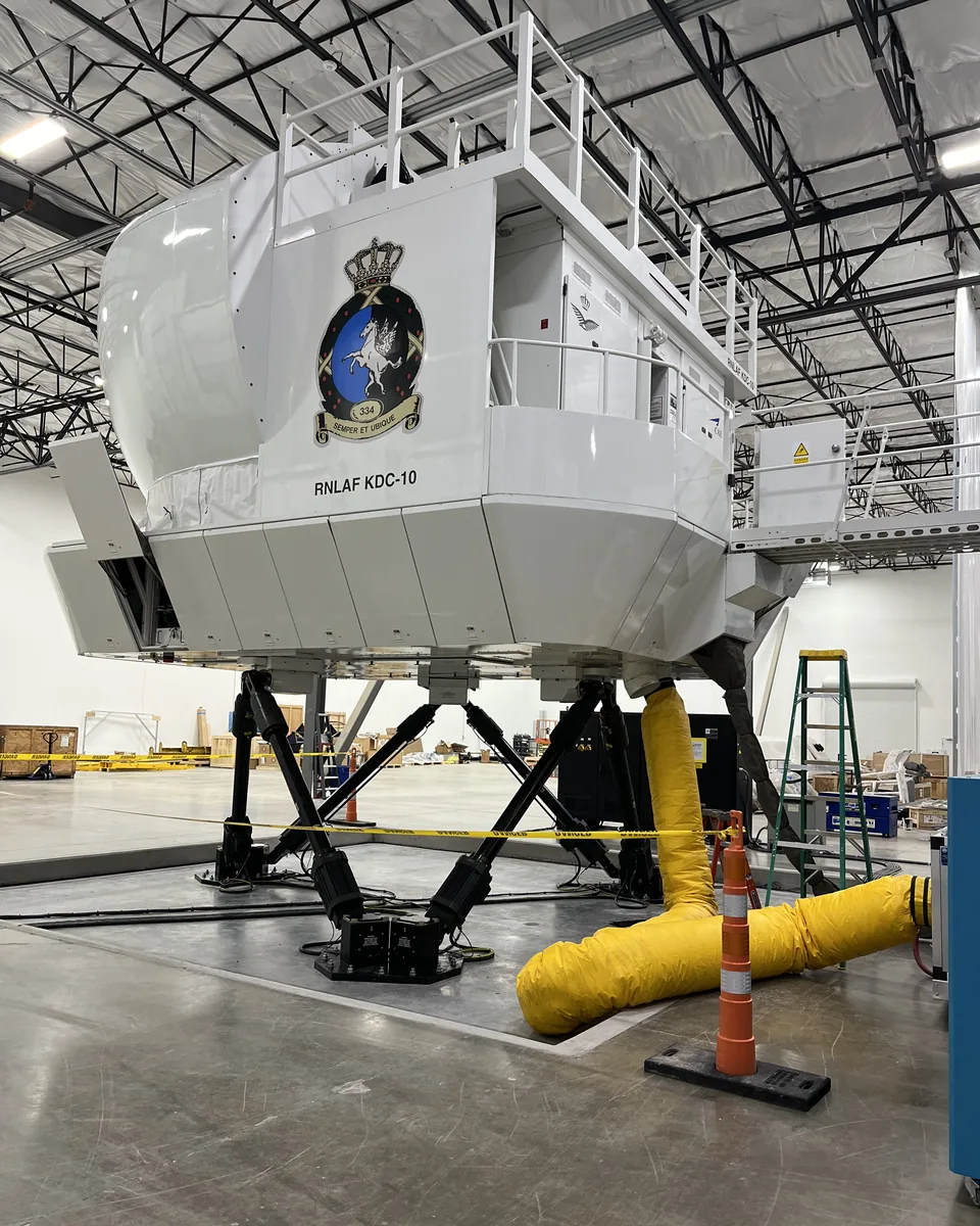 DC-10 full-motion flight simulator on its motion base at the DFW, Dallas, Building 2 training center