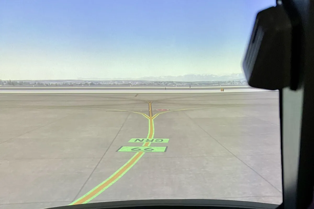 Taxiway centerline and airport scenery in the visual display of a full flight simulator at the Las Vegas training center