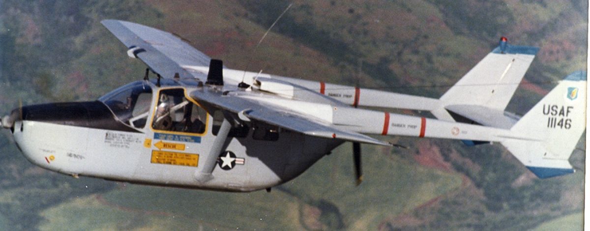 U.S. Air Force Cessna O-2 Skymaster, a centerline thrust twin, in flight