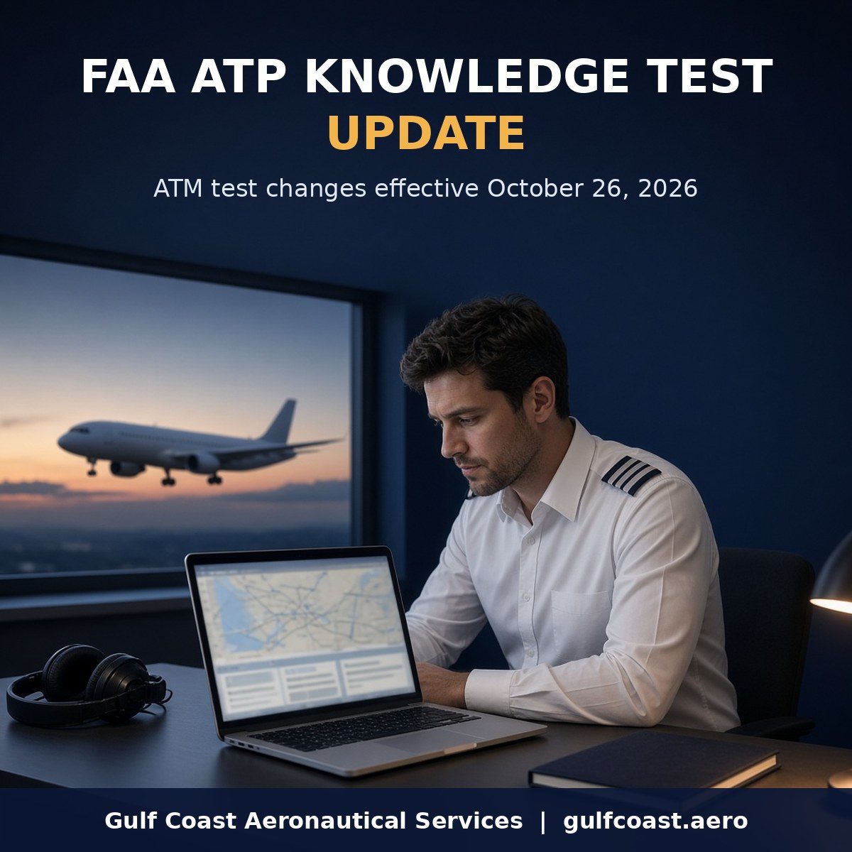 FAA ATP Knowledge Test Update graphic: a pilot in uniform studies a chart on a laptop at night, with an airliner climbing past the window